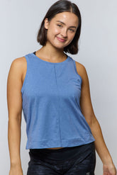 Dark grey Goal Five boxy crop tank top with wide straps and relaxed fit, shown on a model.
