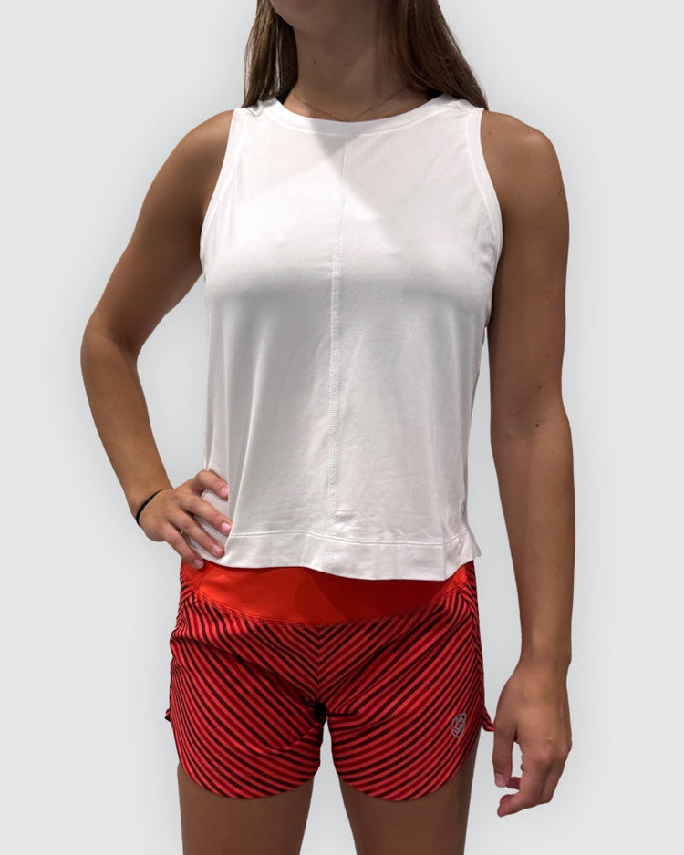 Dark grey Goal Five boxy crop tank top, front view showing relaxed fit and sleeveless design.