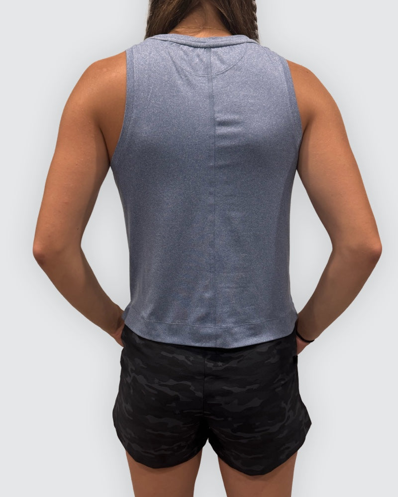 Dark grey Goal Five boxy crop tank top with sleeveless design and relaxed fit, perfect for casual wear.