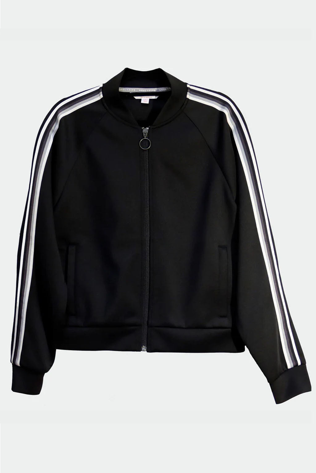 Goal Five Powerstripe LS Track Jacket in black, a stylish lifestyle jacket featuring a sleek design and comfortable fit.