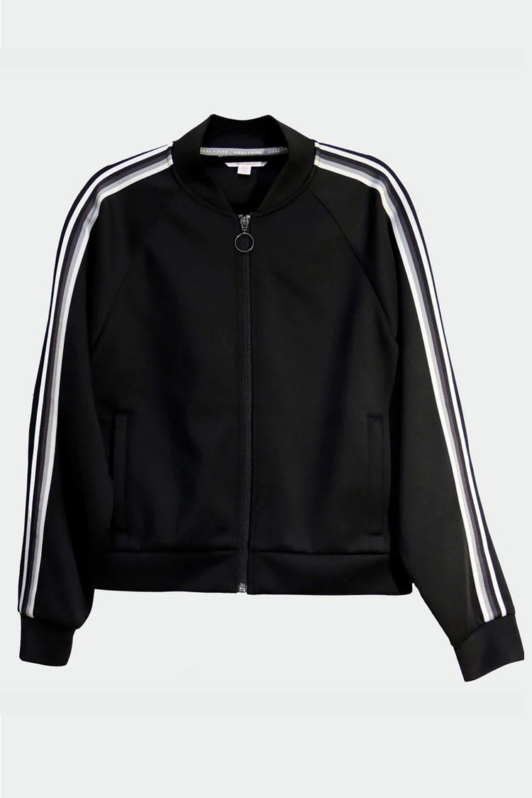 Goal Five Powerstripe LS Track Jacket in black, a stylish lifestyle jacket featuring a sleek design and comfortable fit.