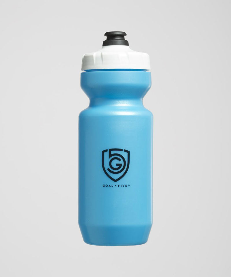Light blue Goal Five G5 Purist 22oz training water bottle with a sleek design and sports cap for hydration during workouts.