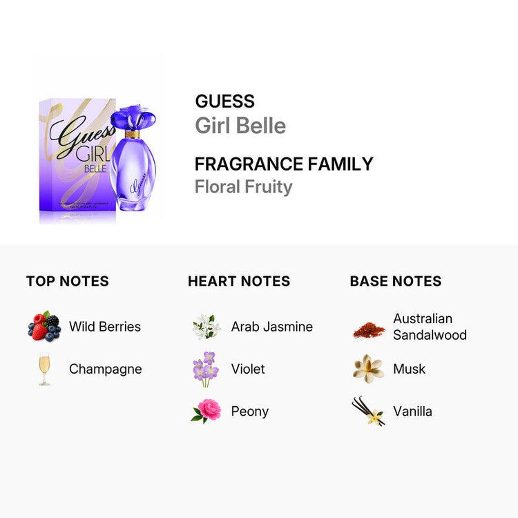 Guess Girl Belle Eau de Toilette for Women spray in 3.4oz bottle, with floral and fruity fragrance, stylish perfume packaging.
