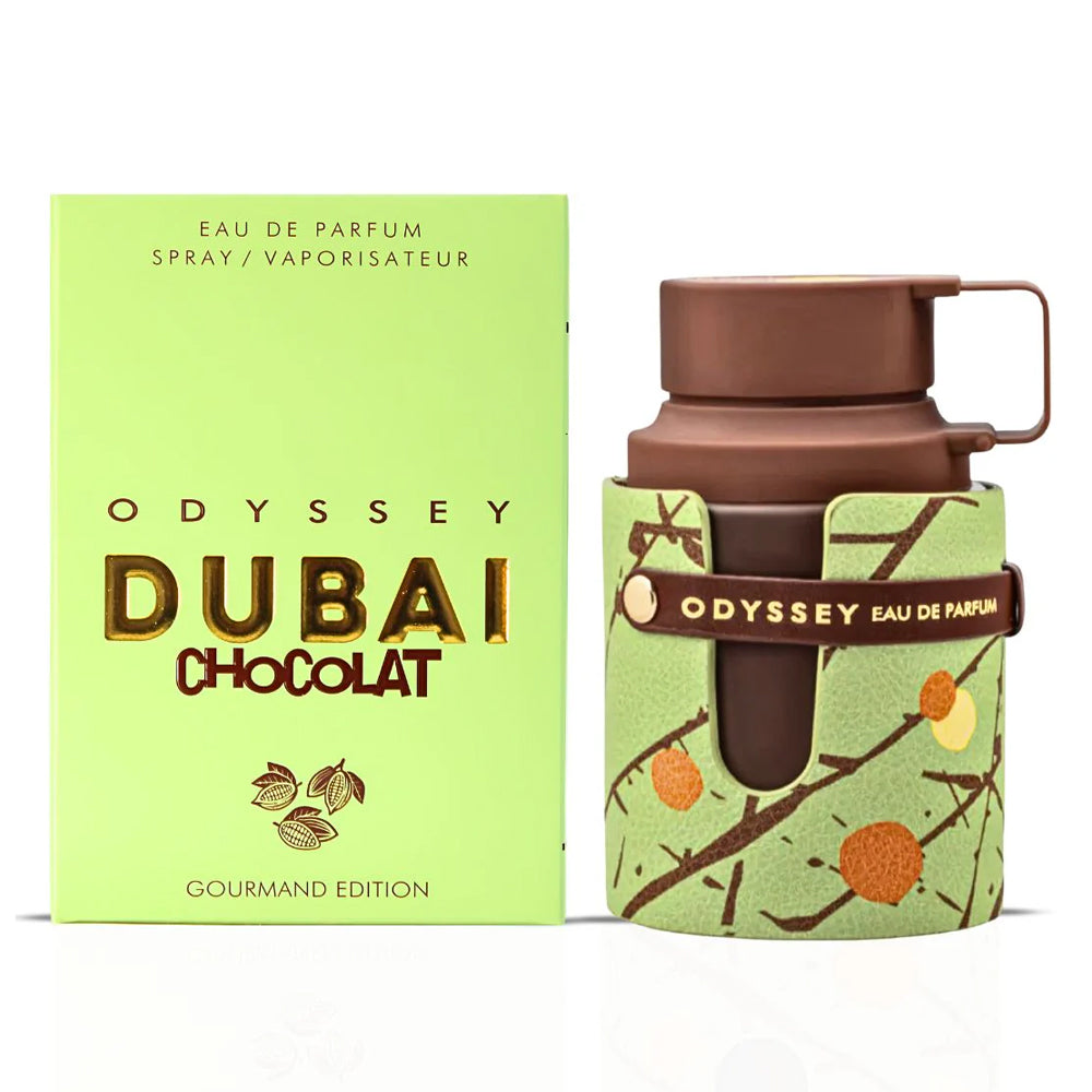Unisex Armaf Odyssey Dubai Chocolate Gourmand Edition Eau de Parfum perfume bottle, 3.4 oz, with luxurious packaging and dark chocolate accents.