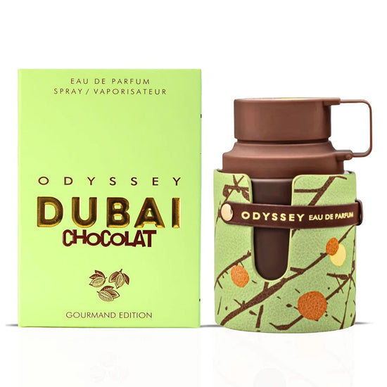 Unisex Armaf Odyssey Dubai Chocolate Gourmand Edition Eau de Parfum perfume bottle, 3.4 oz, with luxurious packaging and dark chocolate accents.