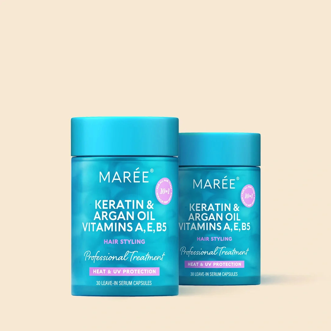 Maree Keratin Oil Capsules for frizz control, showing soft, shiny hair with the capsules in a sleek bottle on a white background.