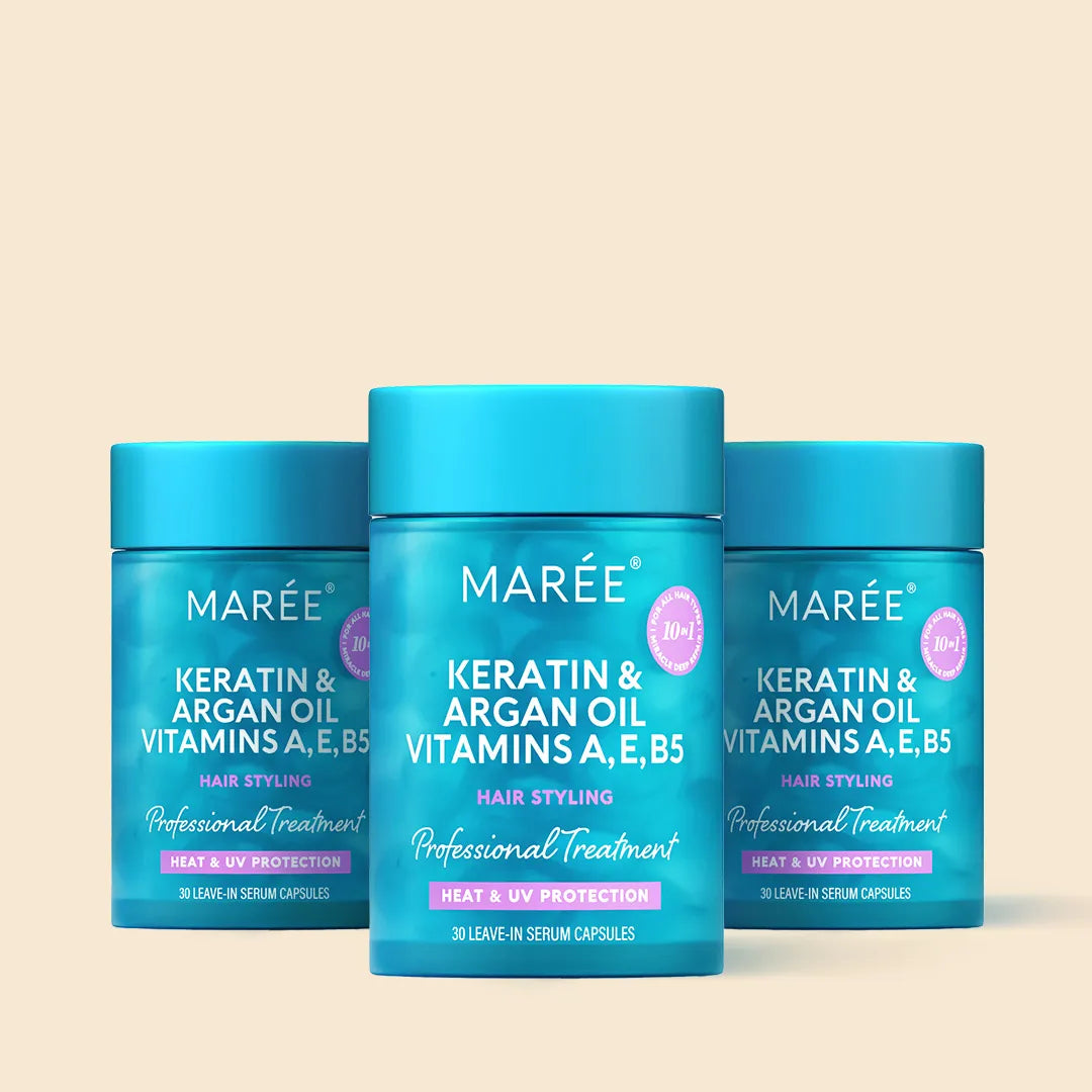 Maree Keratin Oil Capsules for frizz control, showing soft, shiny hair with the capsules in the foreground.