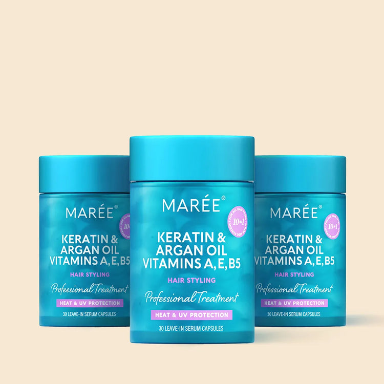 Maree Keratin Oil Capsules for frizz control, showing soft, shiny hair with the capsules in the foreground.