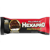 Allmax Hexapro Protein Bar with fudge coating showing the chocolate-covered snack in a close-up shot.