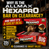 Allmax Hexapro Protein Bar box of 12, showing the nutritional info and packaging details for bars, cookies, and snacks.