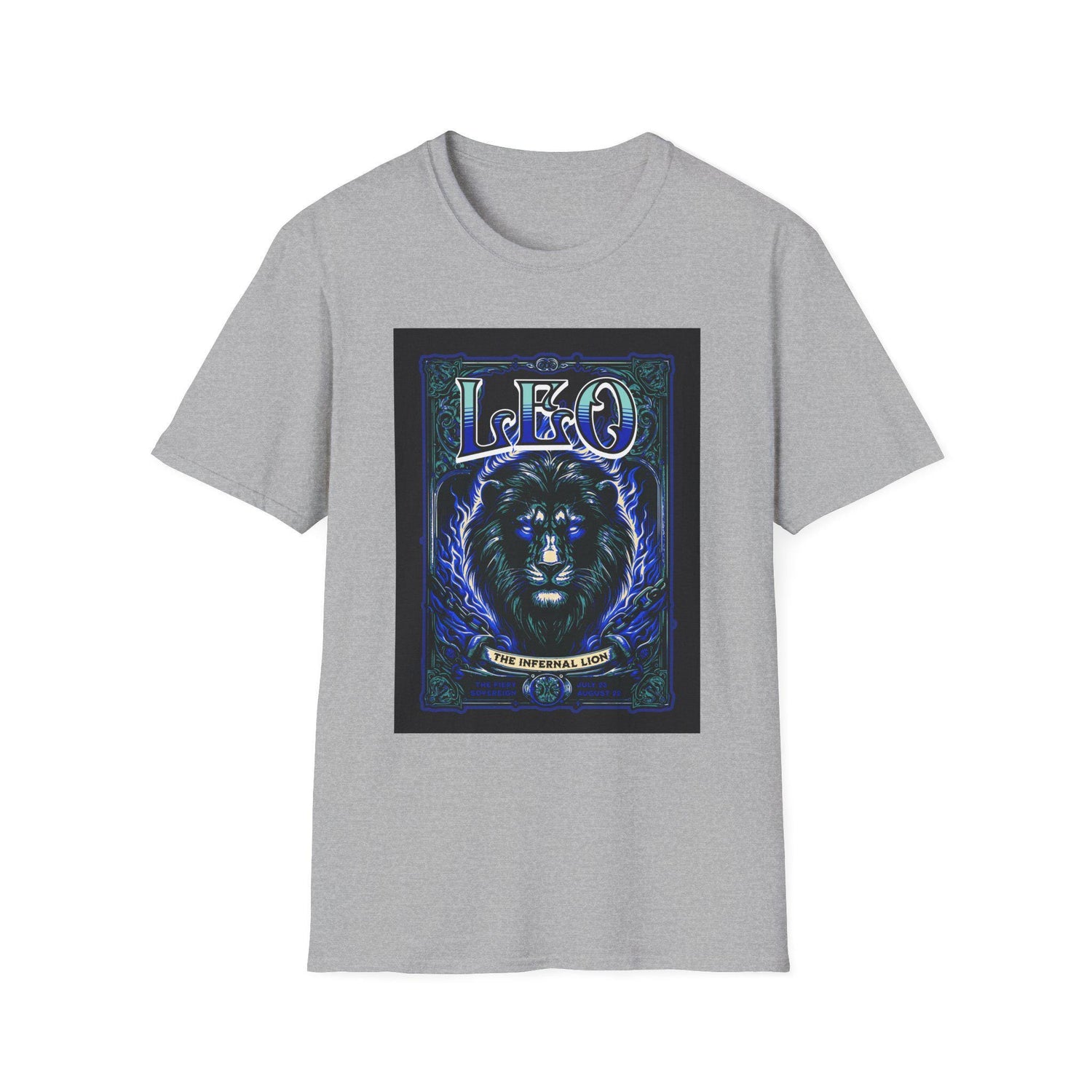 Blue Star Leo Zodiac Lion astrology T-shirt featuring a detailed lion graphic and celestial design on soft fabric.