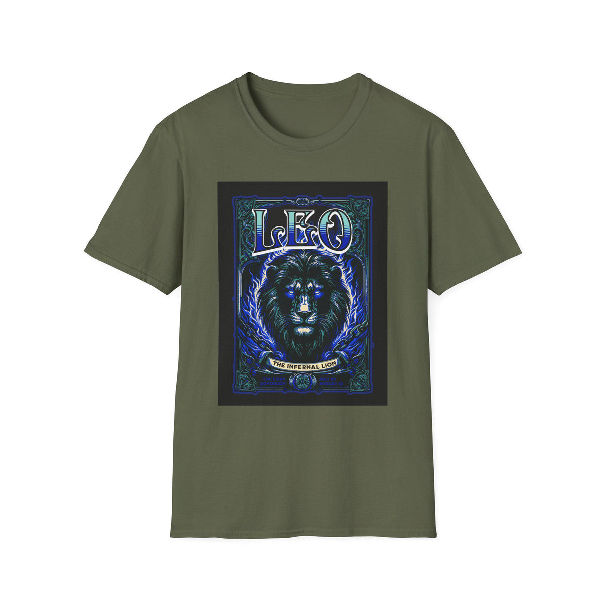 Blue Star Leo Zodiac Lion astrology T-shirt showing a detailed lion illustration on soft fabric.