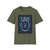 Blue Star Leo Zodiac Lion astrology T-shirt showing a detailed lion illustration on soft fabric.