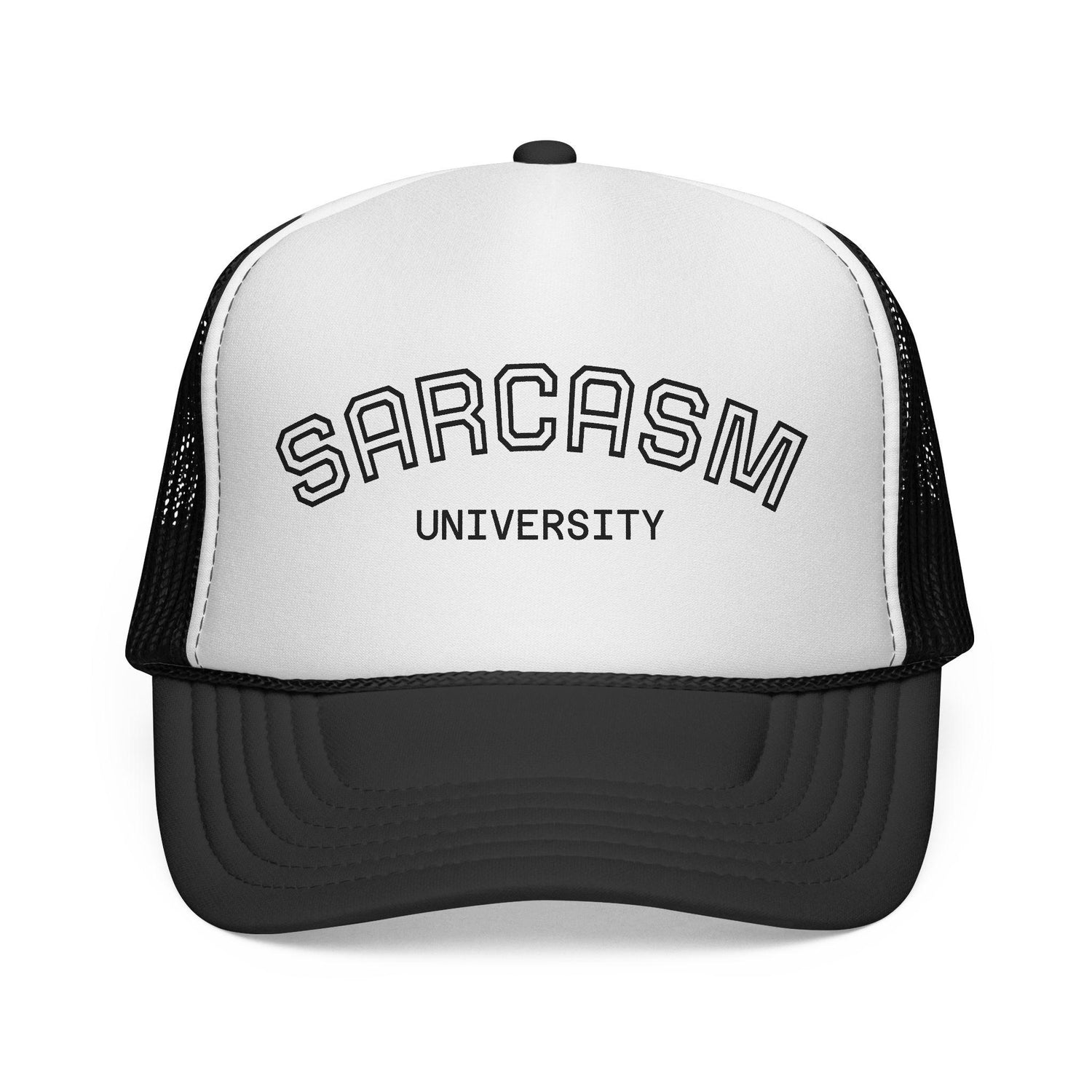 Blue Star Sarcasm University mesh trucker cap with adjustable snapback and embroidered design on front panel.