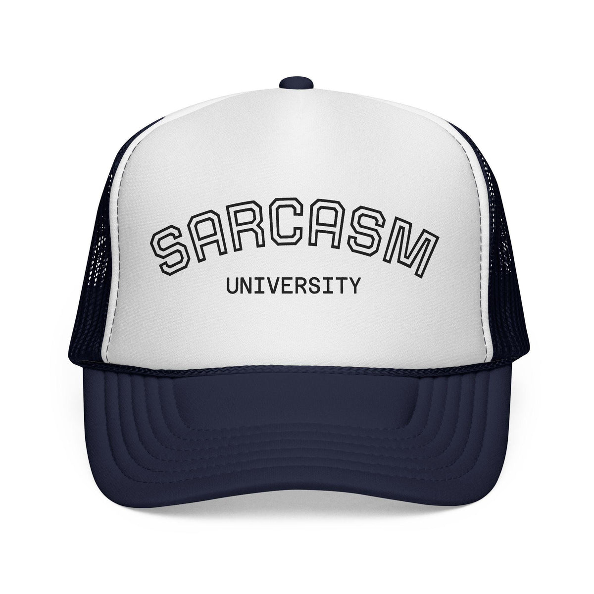 Blue Star Sarcasm University mesh trucker cap with adjustable snapback and embroidered logo on front.