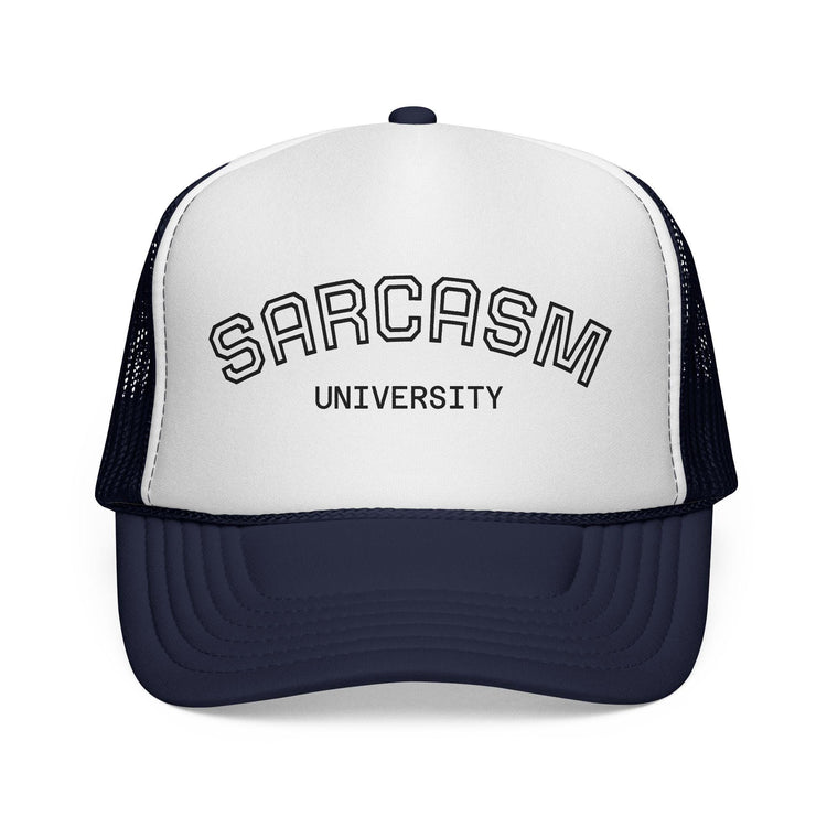 Blue Star Sarcasm University mesh trucker cap with adjustable snapback and embroidered logo on front.