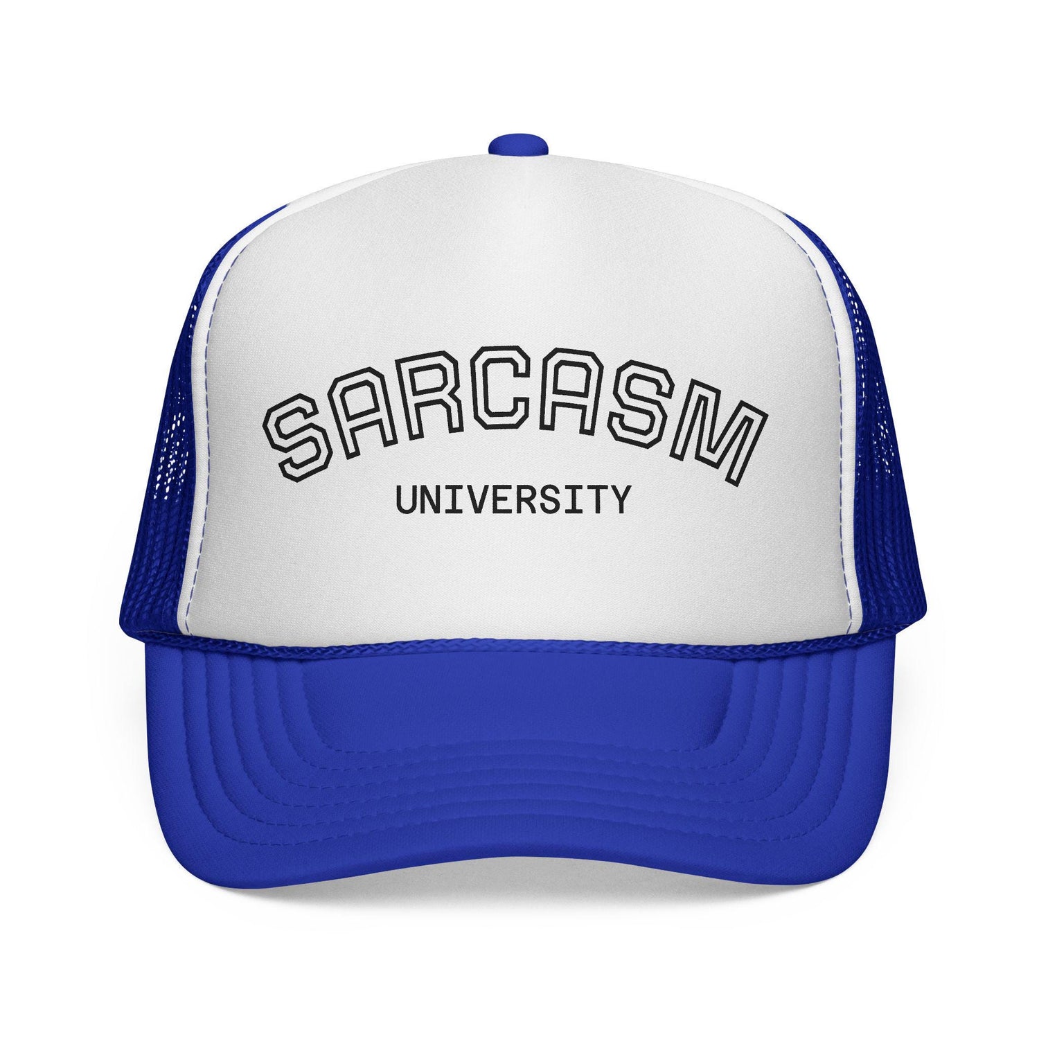 Blue Star Sarcasm University mesh trucker cap with adjustable strap and embroidered logo on front panel.
