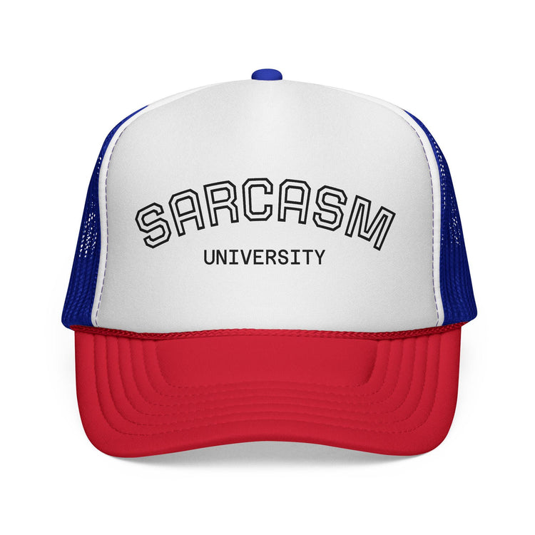 Blue Star Sarcasm University mesh trucker cap with adjustable snapback and embroidered logo on front.