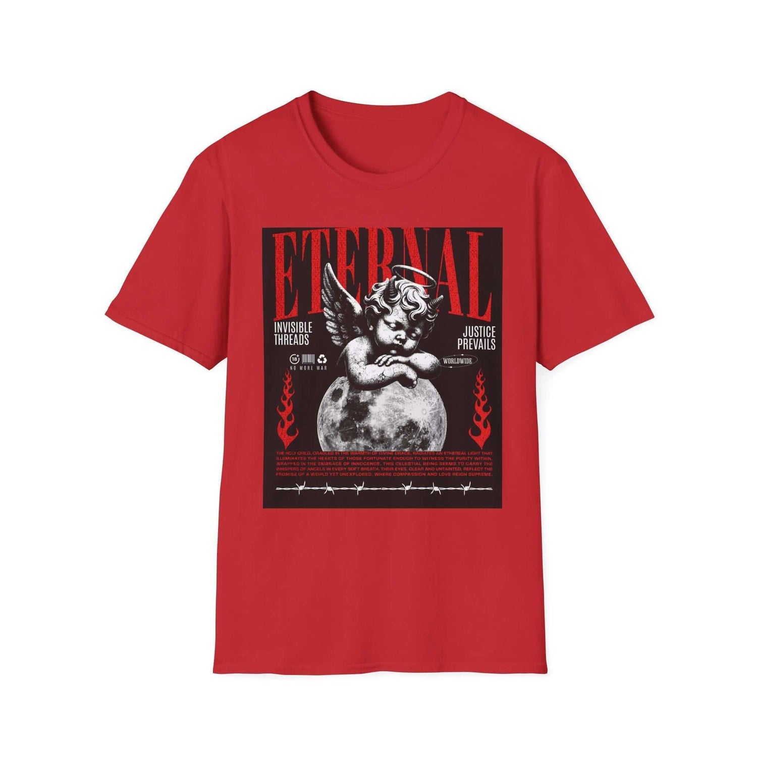 Vintage red and black T-shirt featuring an angel cherub design by Blue Star, showcasing detailed artwork on a casual tee.