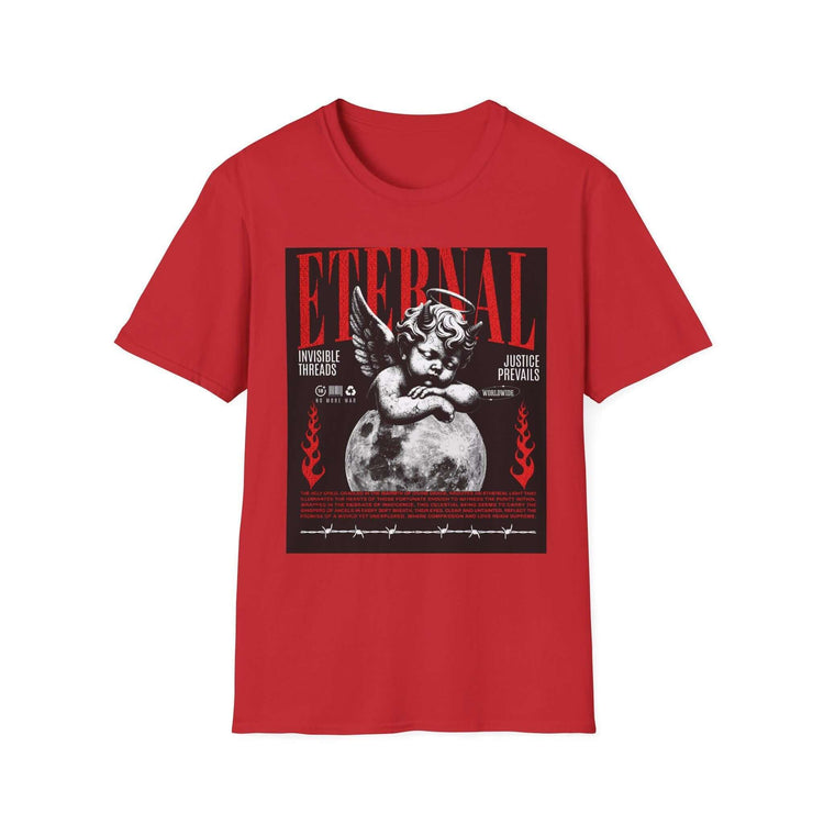 Vintage red and black T-shirt featuring an angel cherub design by Blue Star, showcasing detailed artwork on a casual tee.