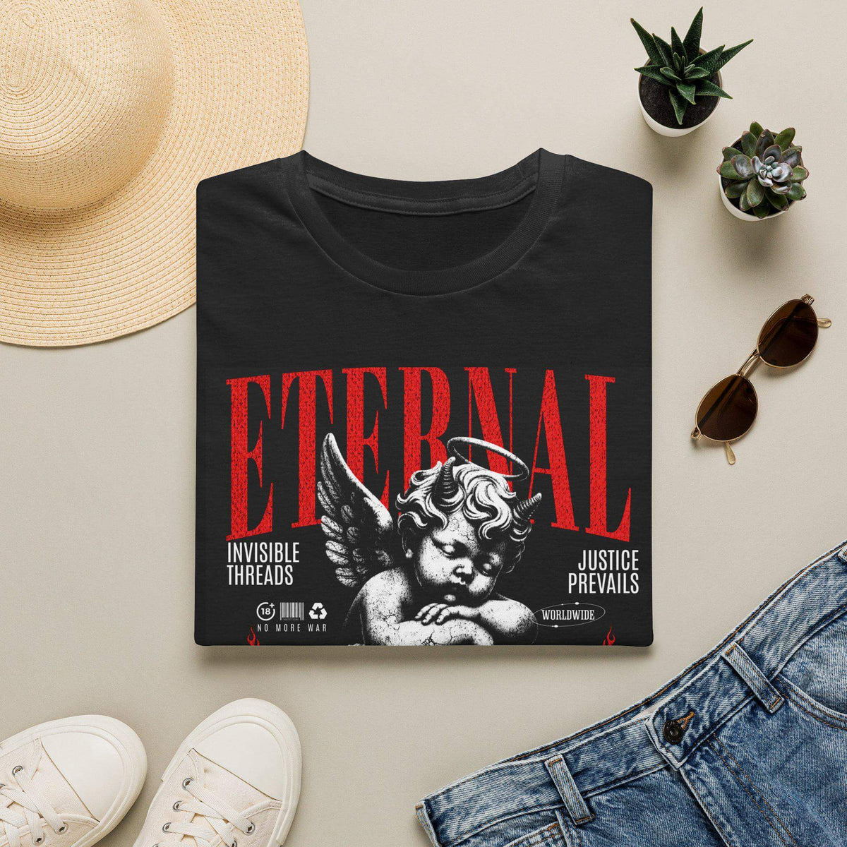 Vintage red and black "Eternal Angel Cherub" T-shirt by Blue Star, featuring angel and cherub graphic on soft cotton fabric.