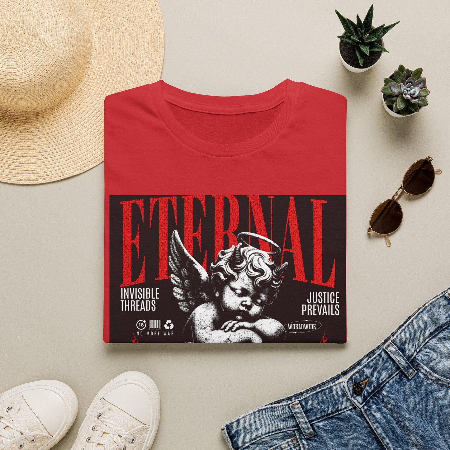 Eternal Angel Graphic T-Shirt | Cherub Illustration, Red Black Vintage Poster