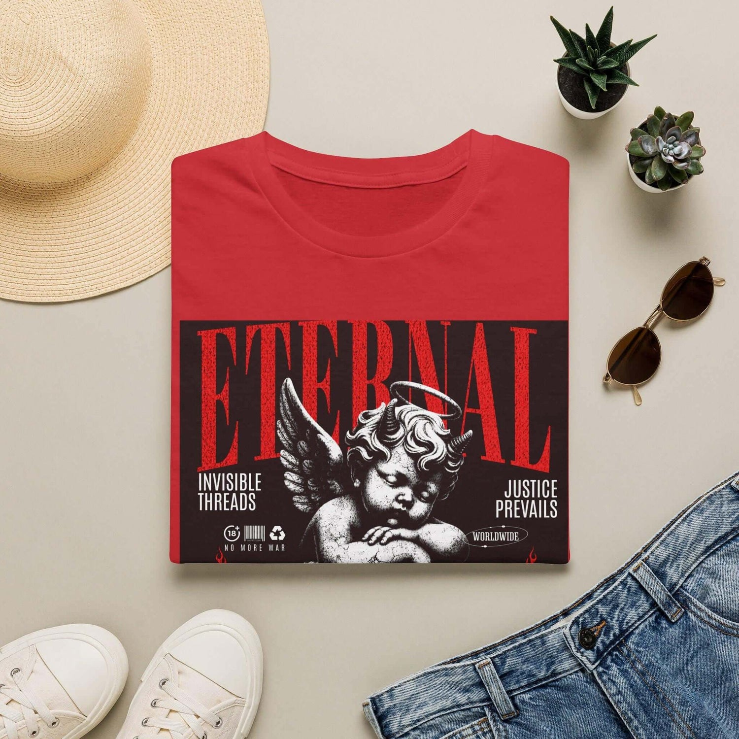 Vintage red and black T-shirt featuring an angel cherub design from Blue Star's Eternal Angel Cherub collection.