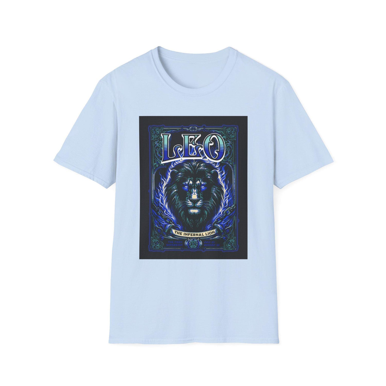 Blue Star Leo Zodiac Lion astrology T-shirt featuring a detailed lion design on soft fabric for astrology enthusiasts.