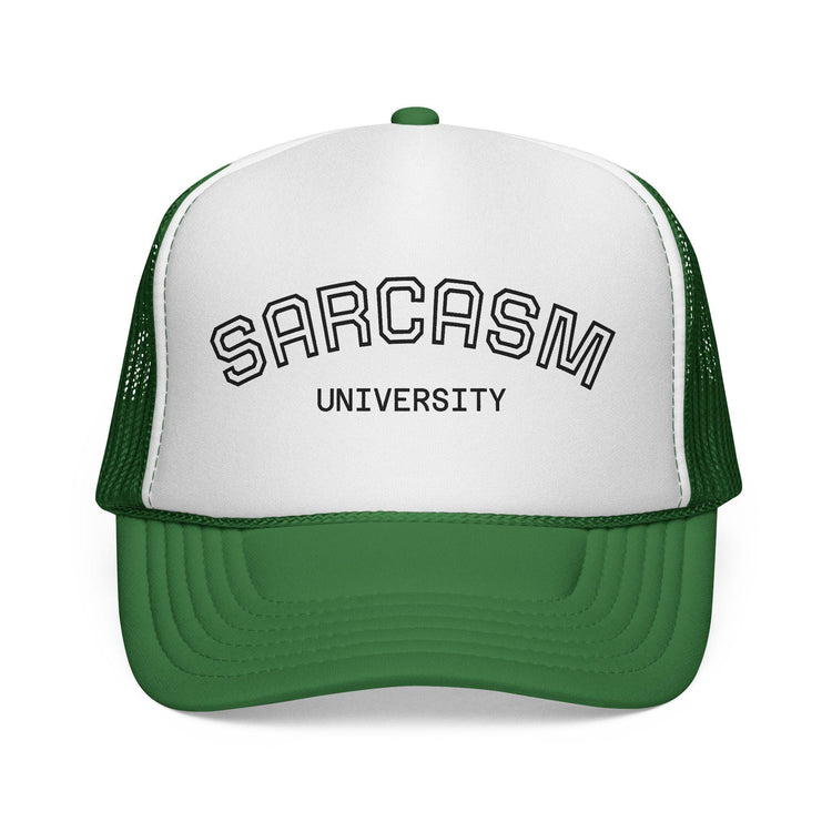 Blue Star Sarcasm University mesh trucker cap with adjustable snapback and embroidered logo, casual headwear for everyday wear.