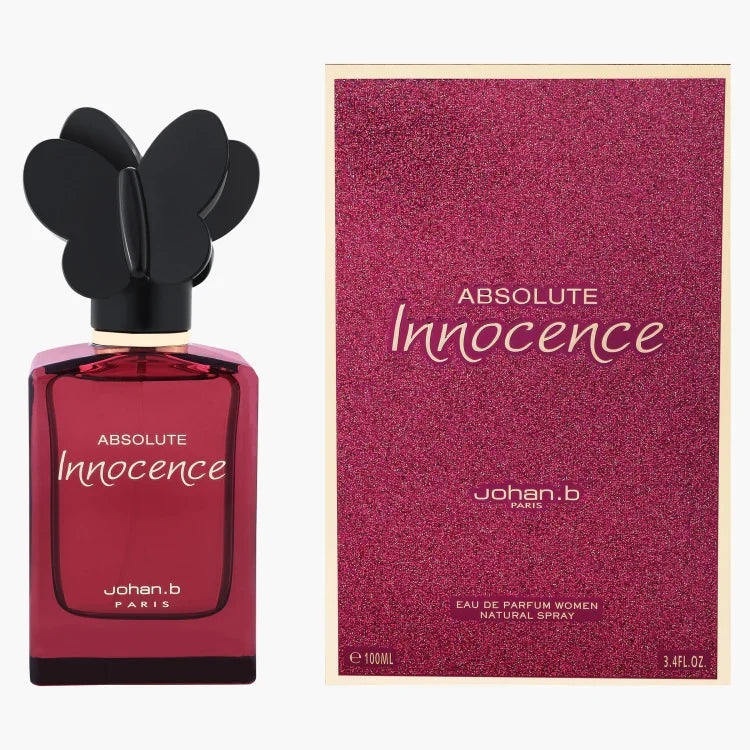 Johan B Ladies Absolute Innocence Eau de Parfum spray 3.4 oz with elegant bottle design, showcasing fresh and floral fragrance notes.