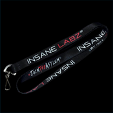 Black Insane Labz OG Logo lanyard with white and red logo featuring durable fabric and adjustable design.