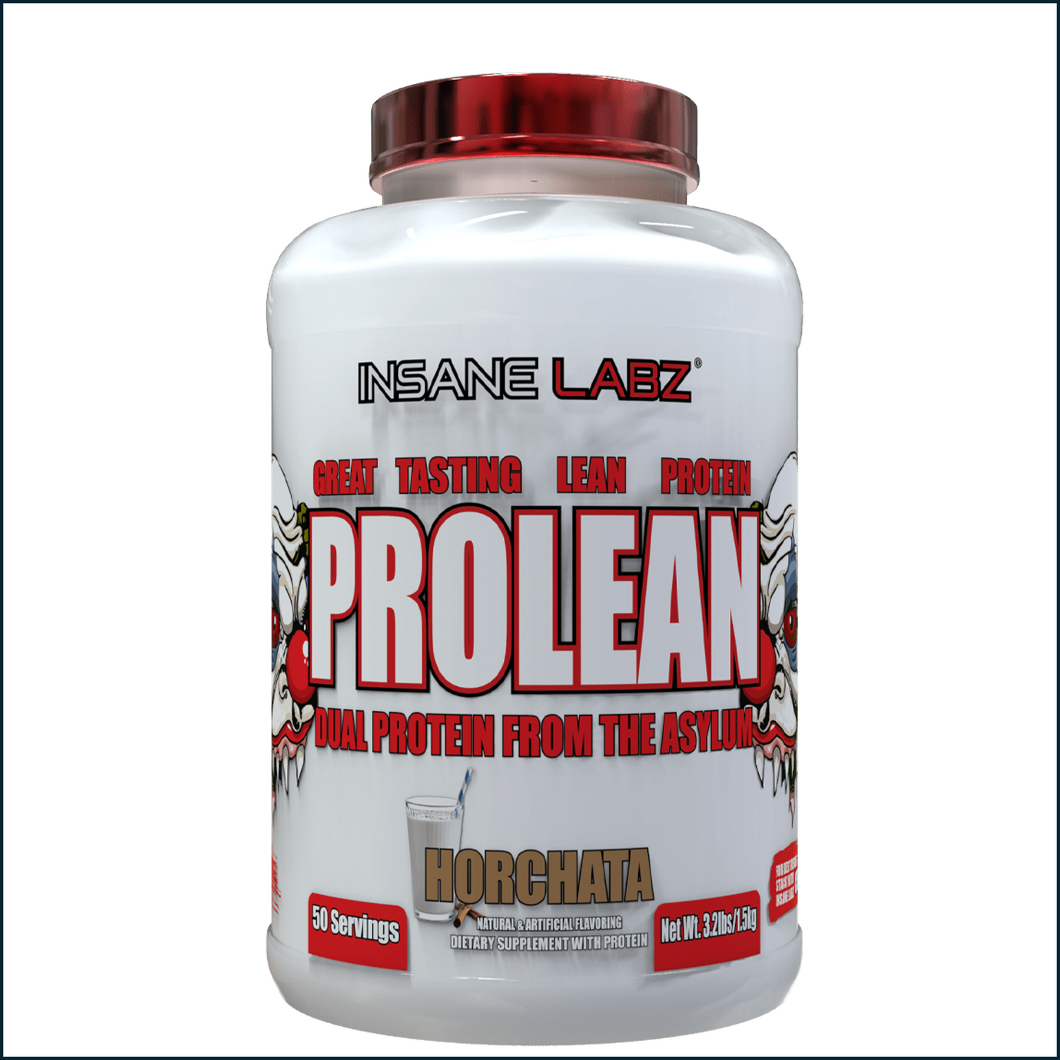 Insane Labz ProLean Dual Protein in Horchata flavor, 50 servings, featuring two protein types in a resealable container.