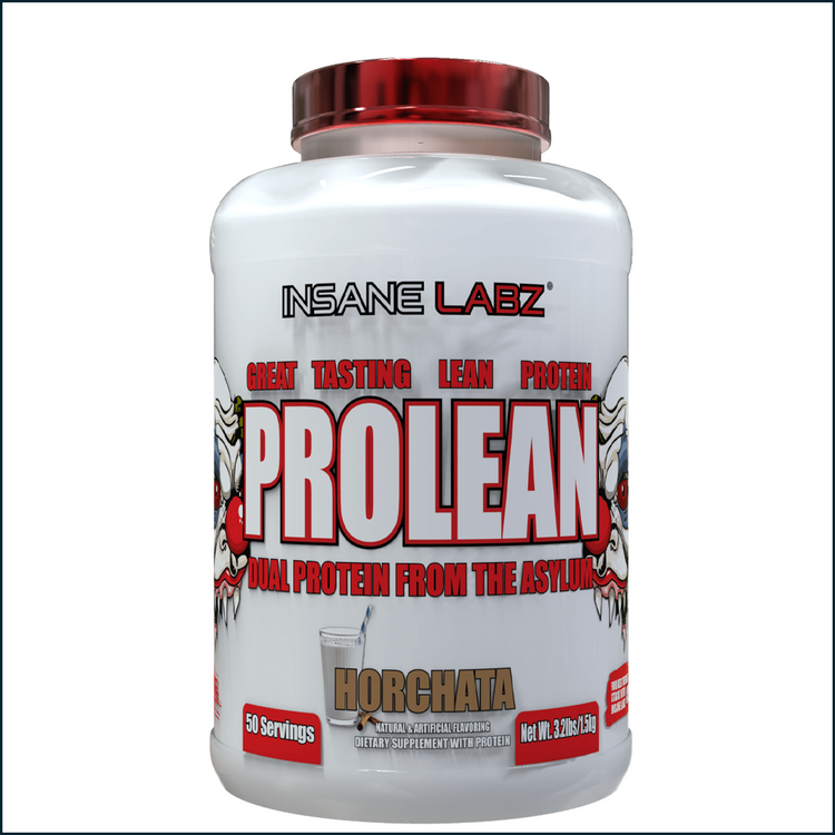Insane Labz ProLean Dual Protein in Horchata flavor, 50 servings, featuring two protein types in a resealable container.