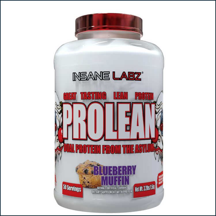Insane Labz ProLean Dual Protein in Blueberry Muffin flavor, 50 servings, showing the protein supplement container with label and flavor details.