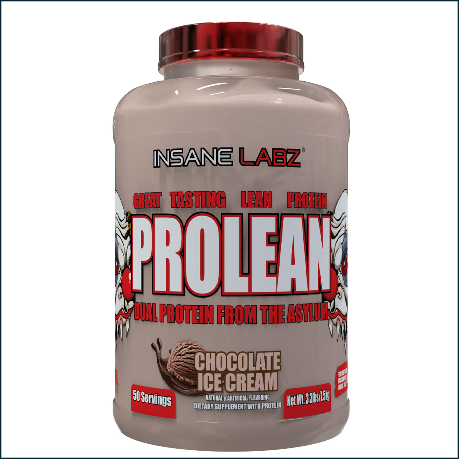 Insane Labz ProLean chocolate ice cream flavored protein powder container with 50 servings, displayed with scoop and label.