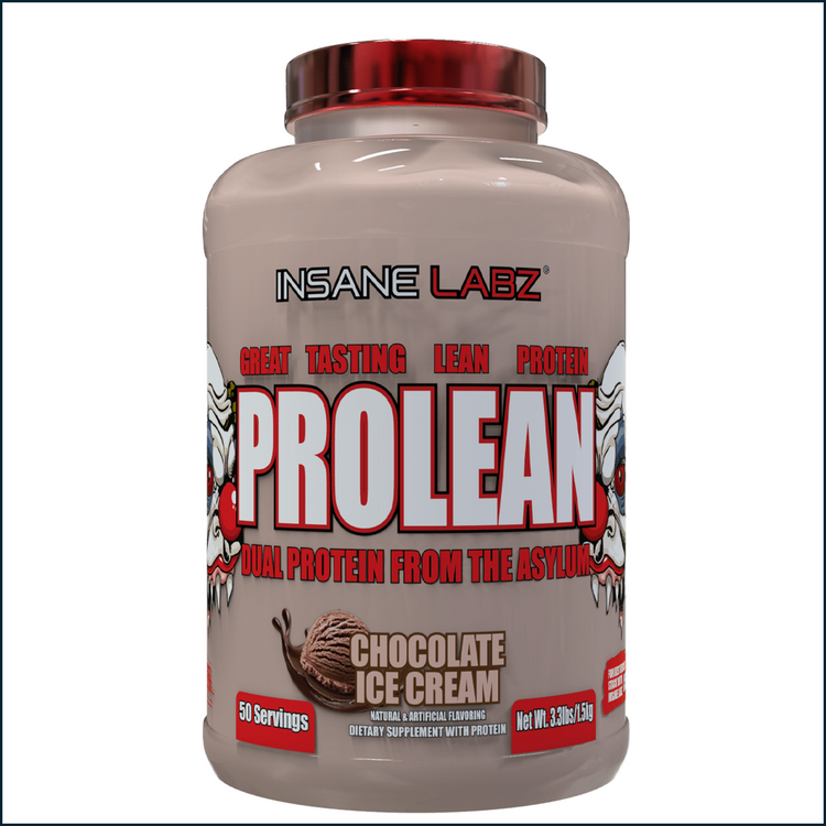 Insane Labz ProLean chocolate ice cream flavored protein powder container with 50 servings, displayed with scoop and label.