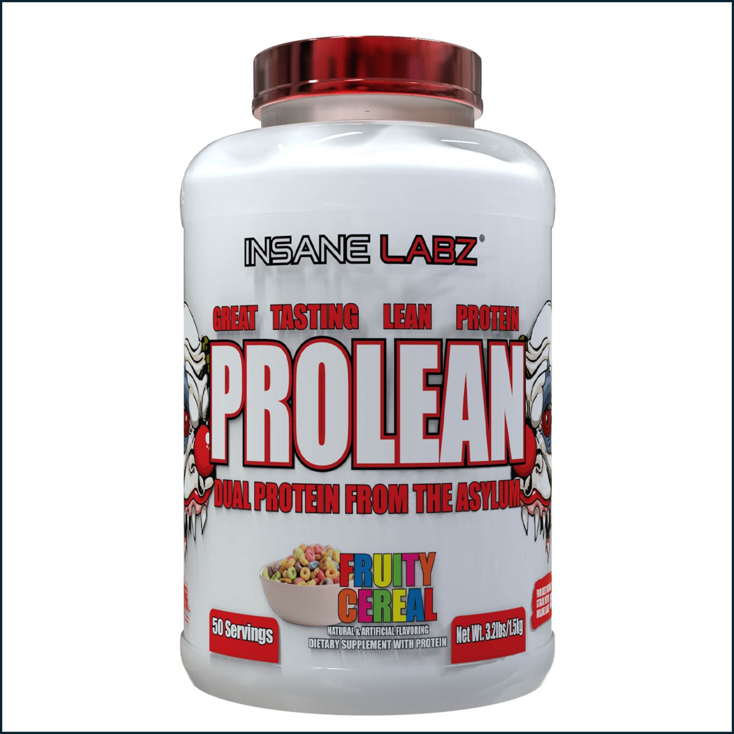 Insane Labz ProLean Dual Protein container with Fruity Cereal flavor, 50 servings, dietary supplement for muscle support