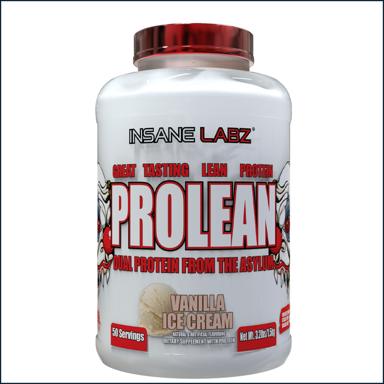 Insane Labz ProLean Dual Protein vanilla ice cream flavor in a container, 50 servings, high-quality protein supplement by PoorBoySupplements.com