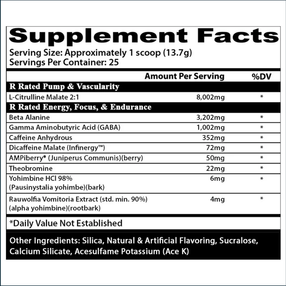 Insane Labz Psychotic Rated R pre-workout supplement with nutritional panel, 25 servings, by PoorBoySupplements.com