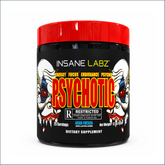 Insane Labz Psychotic Rated R pre-workout supplement container with label, 25 servings, designed for energy and focus.