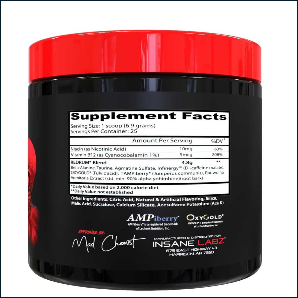 Insane Labz Redrum pre-workout supplement with 25 servings, showing nutritional panel and vibrant red label.