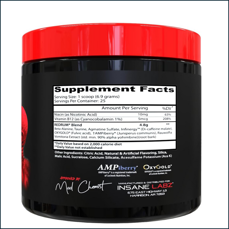 Insane Labz Redrum pre-workout supplement with 25 servings, showing nutritional panel and vibrant red label.