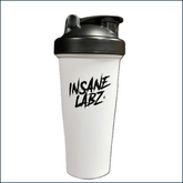 Black Insane Laz Shaker Cup with black lid, 24oz capacity, featuring Insane Labz branding on a white background.