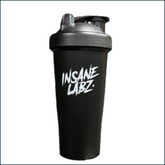 White Insane Laz Shaker Cup with black lid, 24oz capacity, featuring the Insane Labz branding for fitness and supplement use