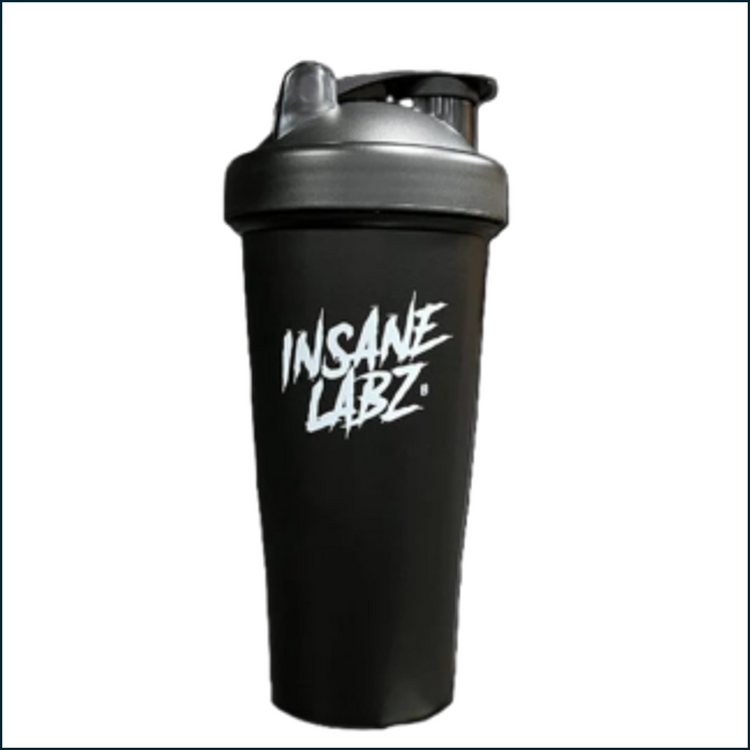 White Insane Laz Shaker Cup with black lid, 24oz capacity, featuring the Insane Labz branding for fitness and supplement use