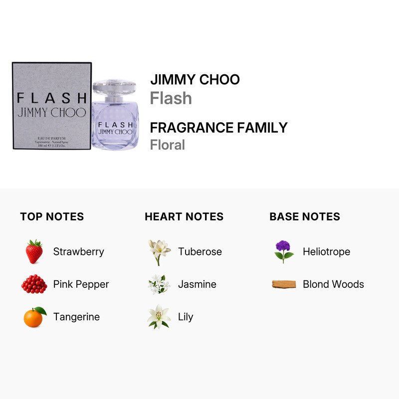 Jimmy Choo Flash Eau De Parfum spray for women, 3.4 oz, featuring a sleek bottle with a modern design.