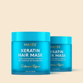 Maree Keratin Hair Mask for damaged hair, deep conditioning treatment in a jar with creamy texture and smooth application.
