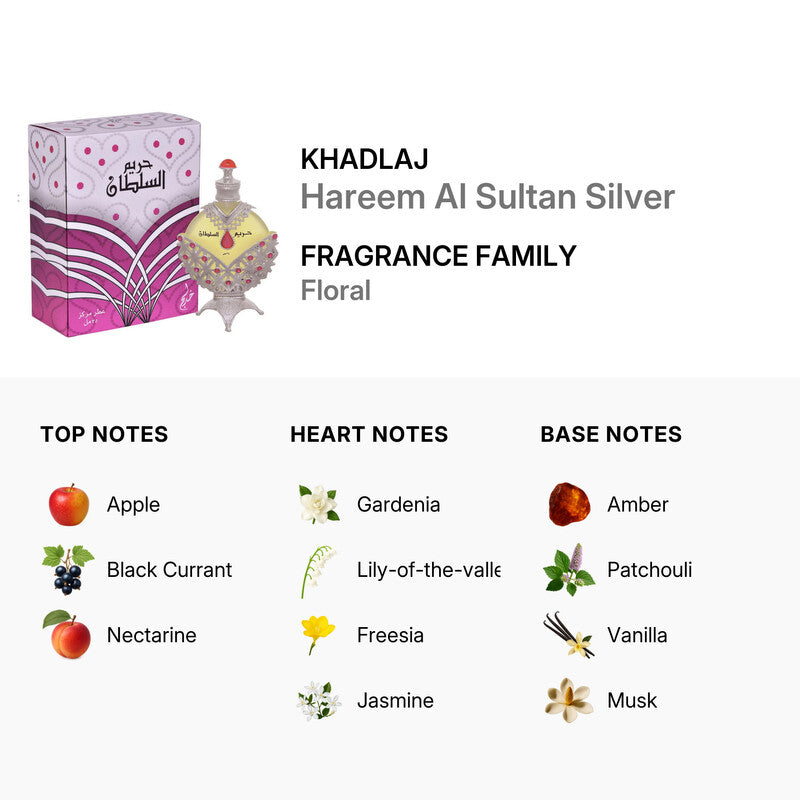 Hareem Al Sultan Silver women’s perfume by Farmacias Savia, 1.18oz bottle, elegant silver design with floral and aromatic notes.