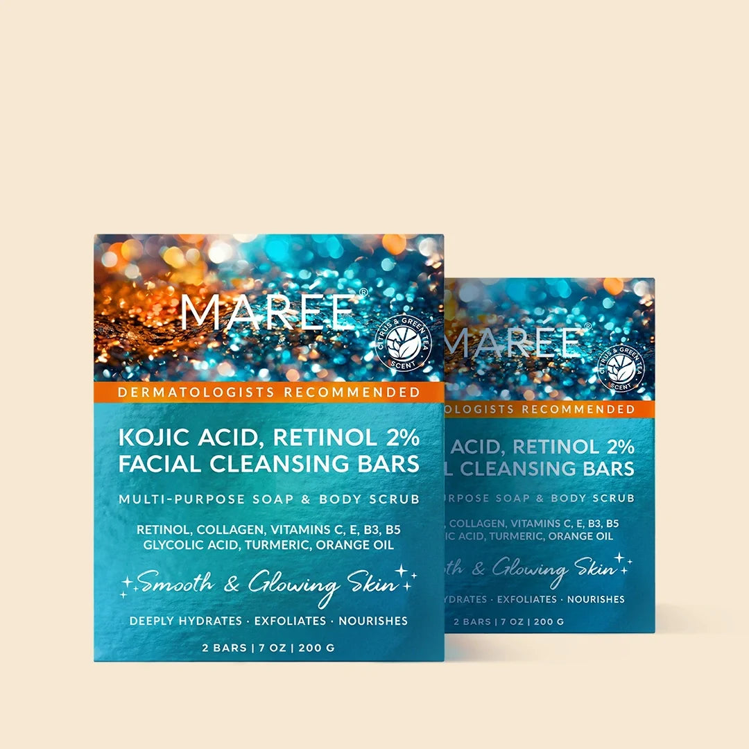 Maree Turmeric Kojic Soap and Scrub bar with natural ingredients, showing the soap and scrub in a clean, bright setting.
