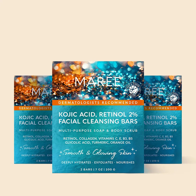 Maree Turmeric Kojic Soap and Scrub bar with natural ingredients, showing the soap with a golden hue and textured scrub surface.